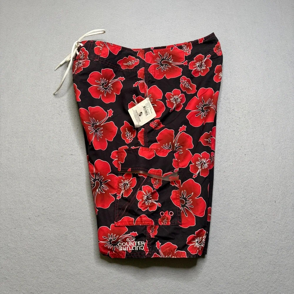 Counter Culture Board Shorts Mens 31 Black Red‎ Hibiscus Floral Vintage Y2K NWT